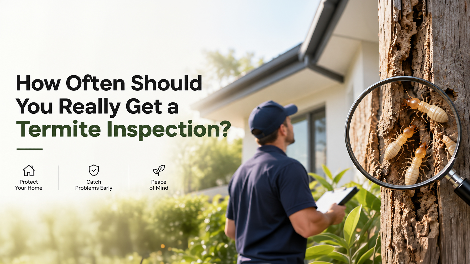 Pest control technician inspecting a house, with a magnified view of termites on wood ,banner for 'How Often Should You Get a Termite Inspection?