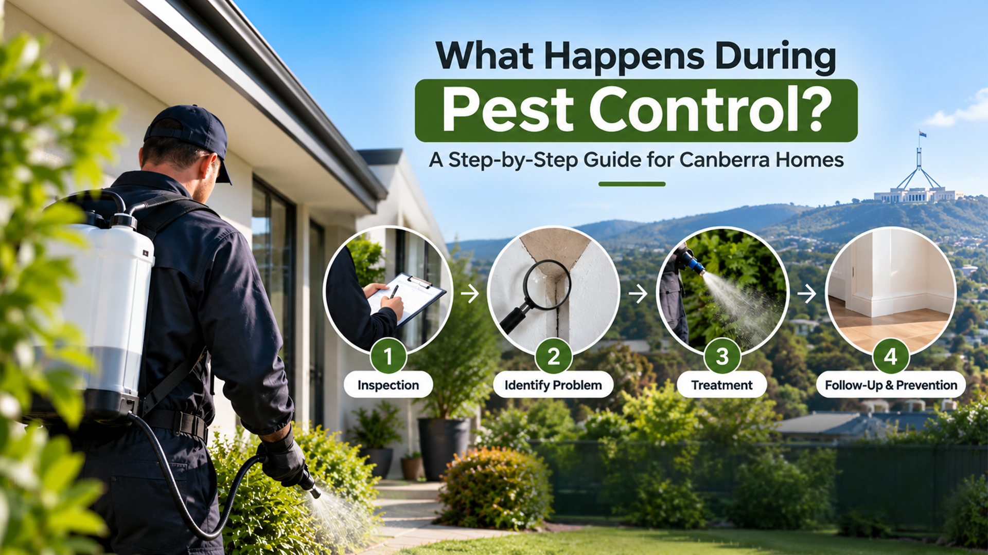 Pest control technician spraying a garden hedge outside a Canberra home, with banner text 'What Happens During Pest Control? A Step-by-Step Guide for Canberra Homes' and a 4-step process: 1) Inspection, 2) Identify Problem, 3) Treatment, 4) Follow-Up & Prevention