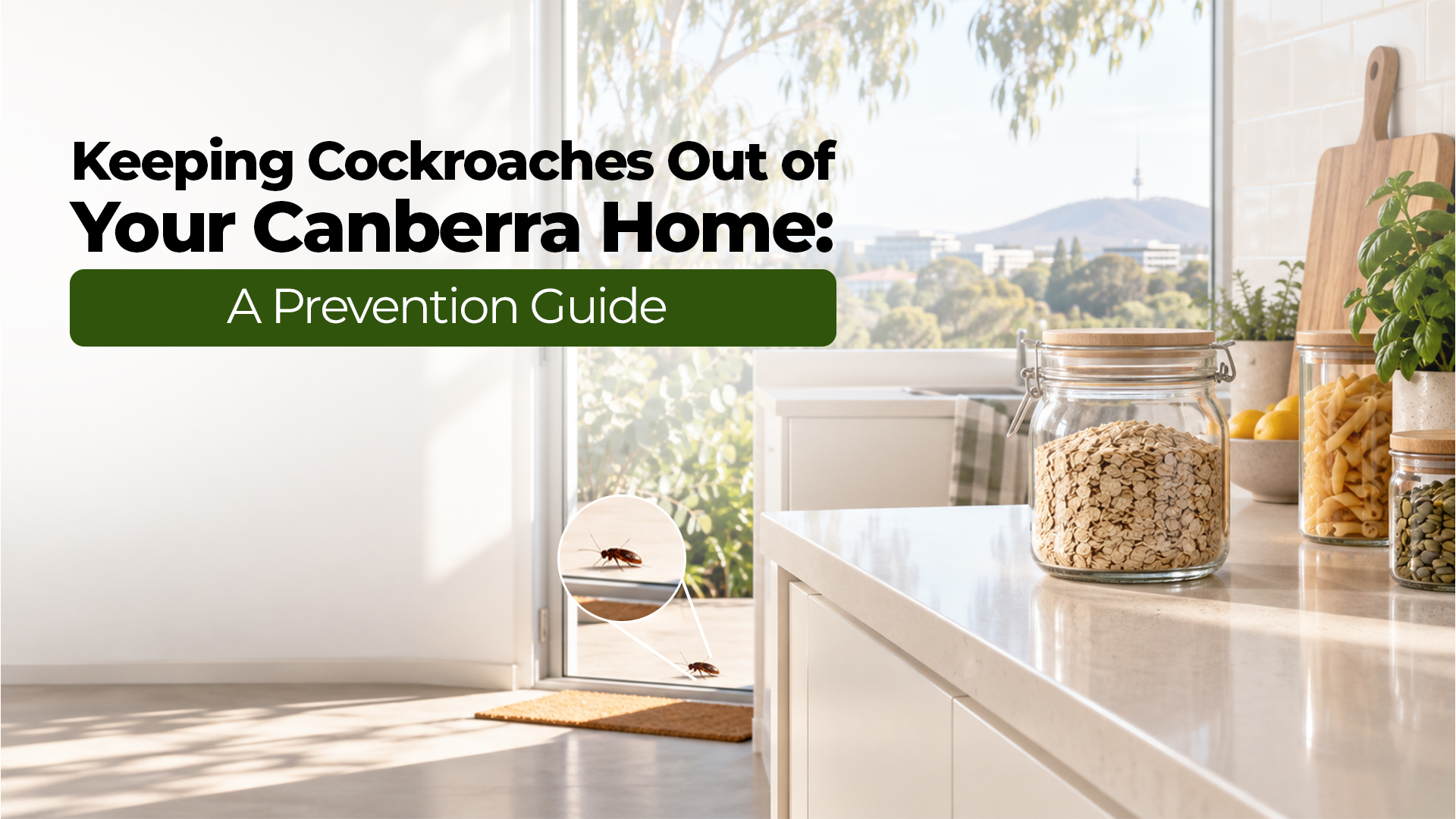 Cockroach prevention guide for Canberra homes, featuring a kitchen interior with cockroaches near the doorway