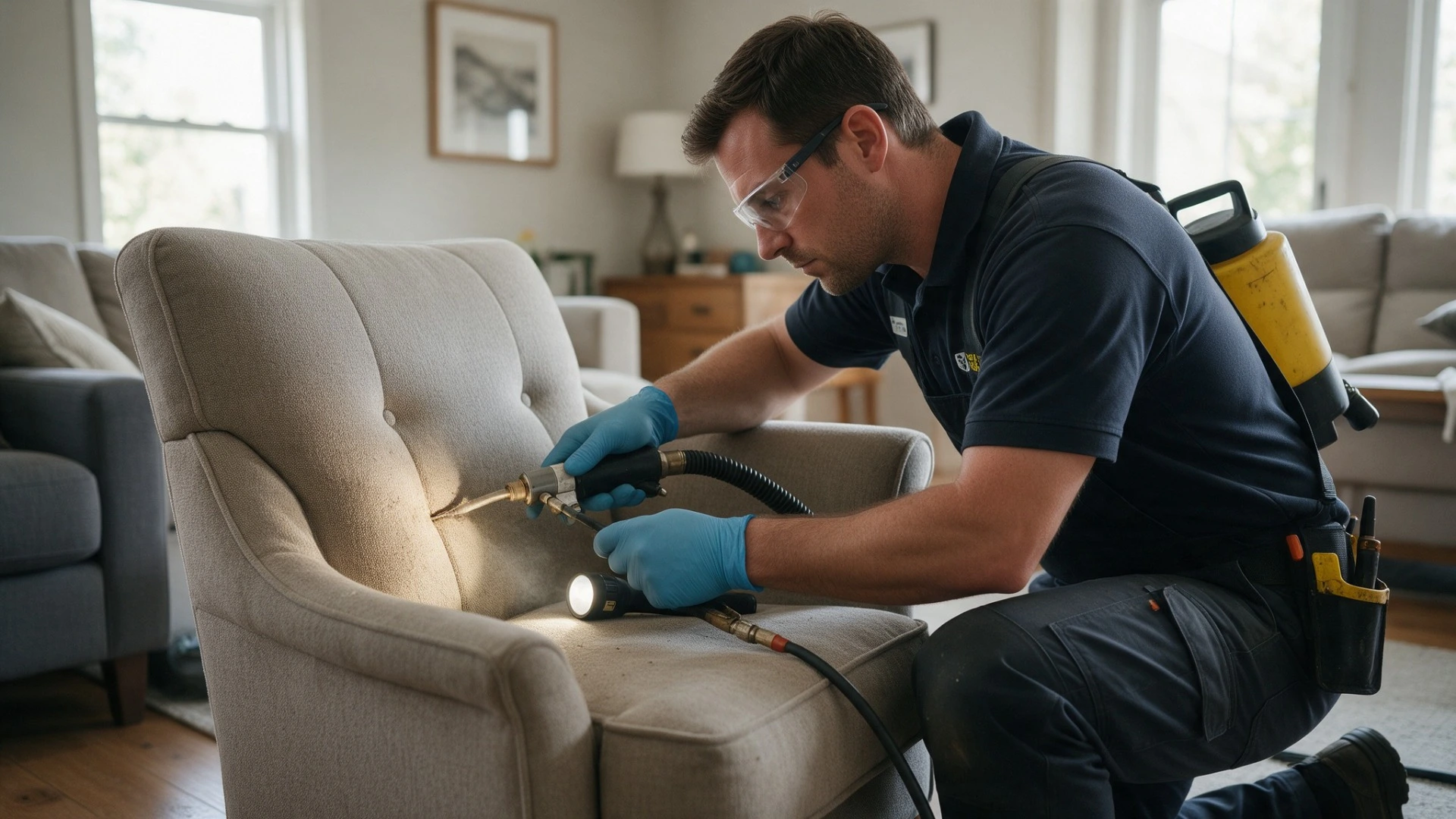 Pest technician carrying out bed bug treatment in Canberra on an upholstered armchair using a sprayer and torch.