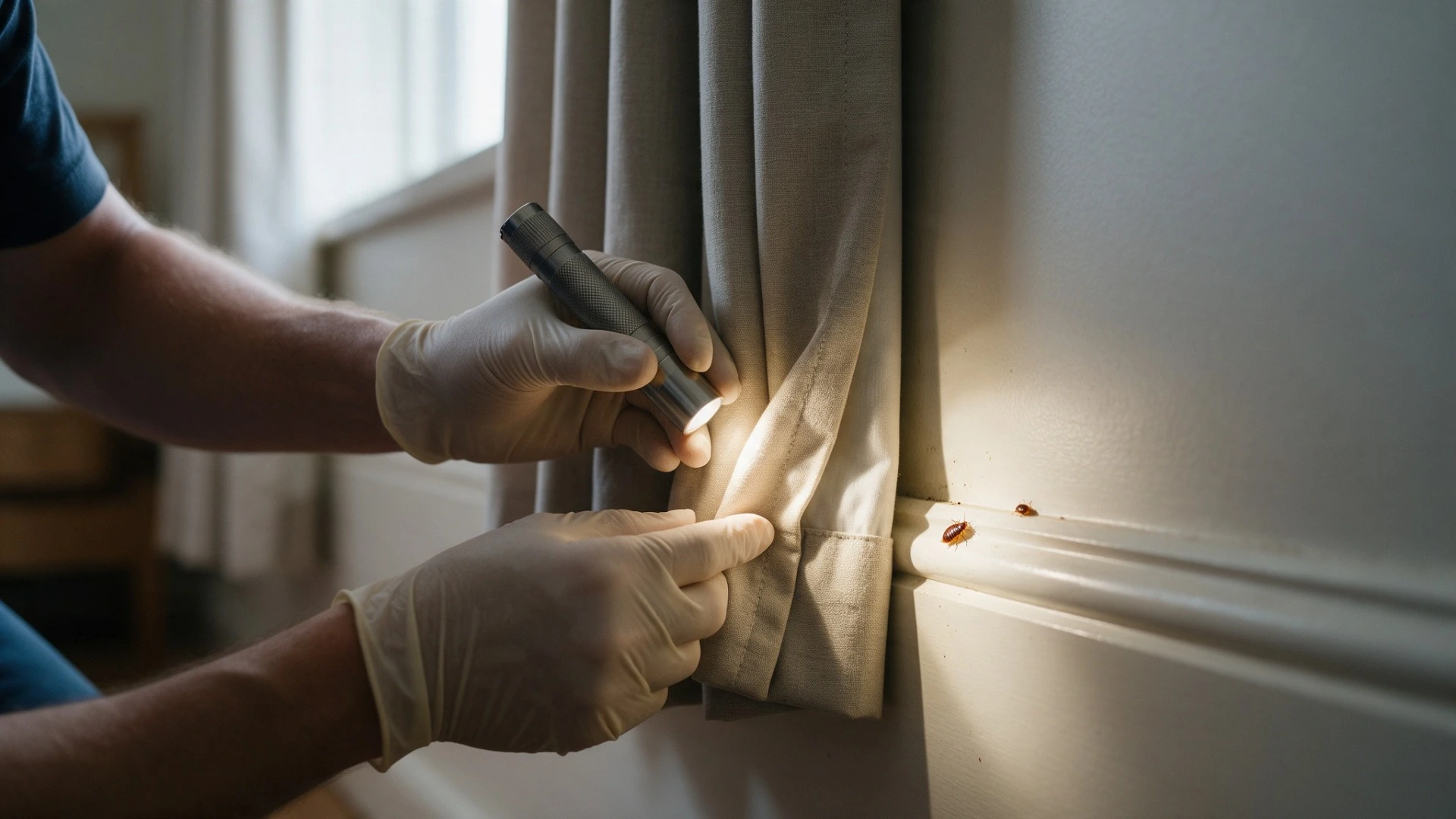 Bed bug extermination inspection in Canberra with a torch showing bed bugs on a skirting board beside a curtain.