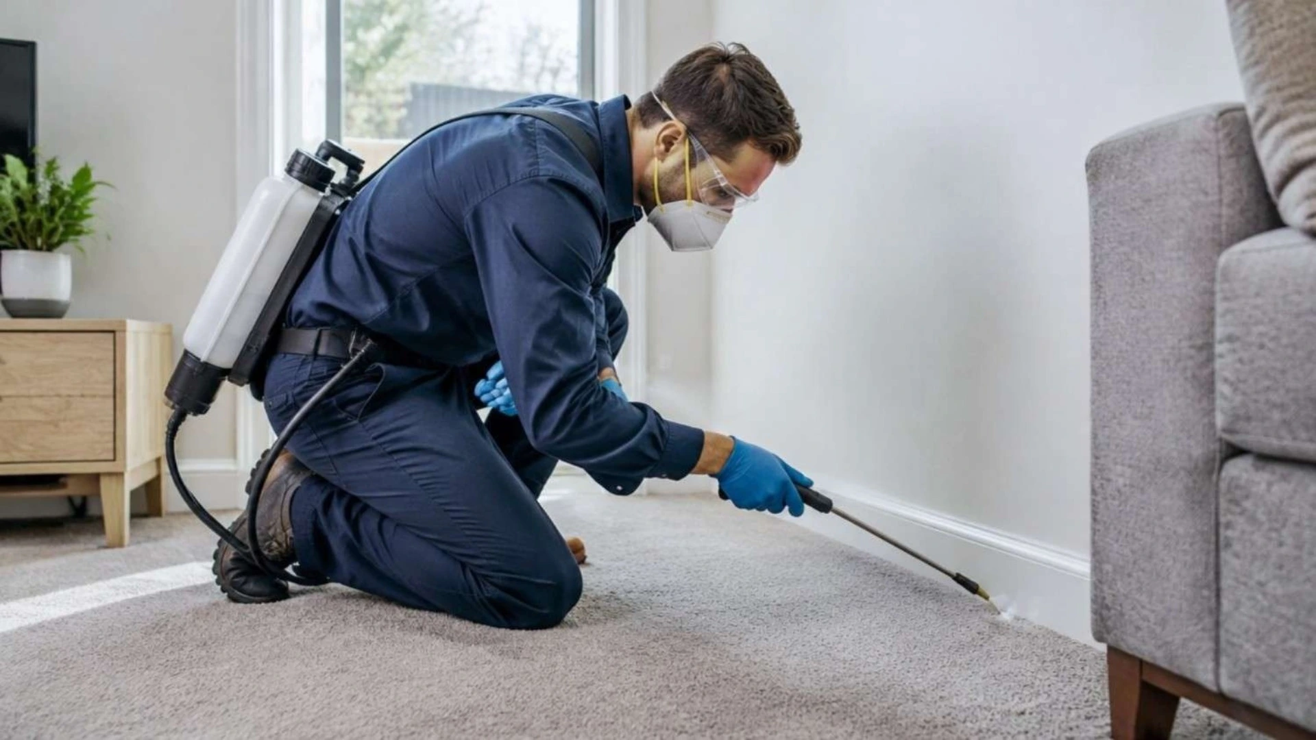 Pest technician kneeling on carpet using a backpack sprayer for flea control along the skirting board.